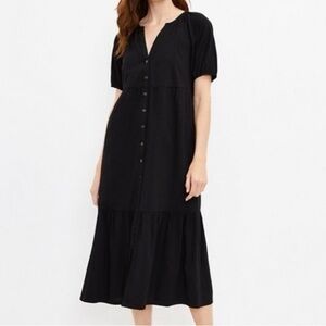 Loft Black Buttoned Cotton Rayon Blend PocketTiered‎ Dress Size Small